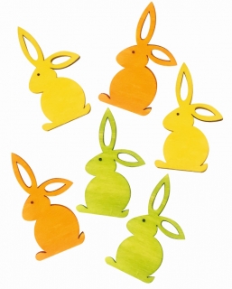 Dekorace dřevěná Zajíci: 6 cm / 6 ks / mix oranžová, zelená, žlutá